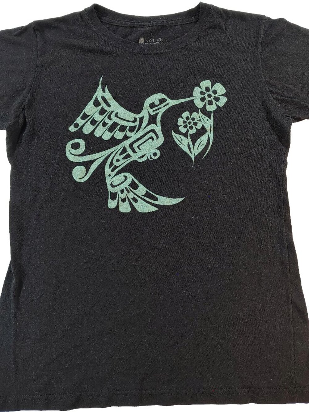 Women's Black Large Native Northwest Tribal Hummingbird Graphic T-Shirt